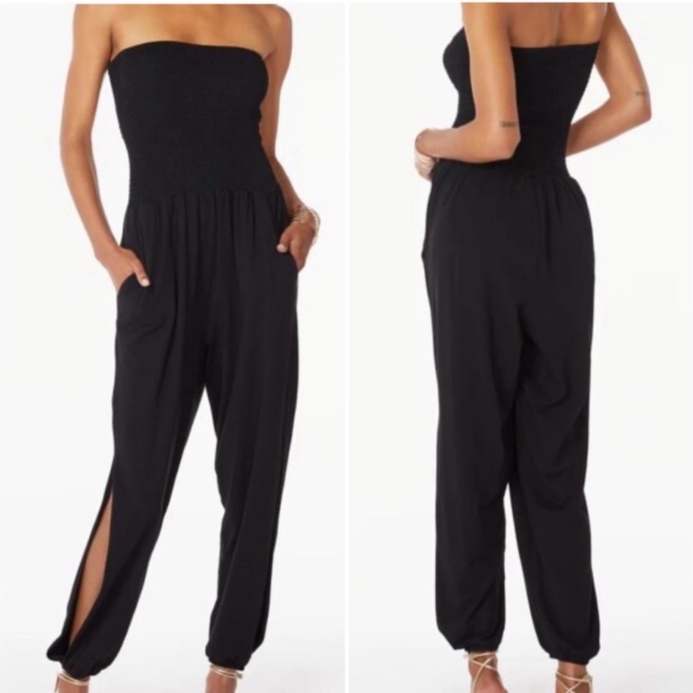 NEW bobi Los Angeles Revolve Black Strapless SlitLeg Smocked Jumpsuit SidePocket